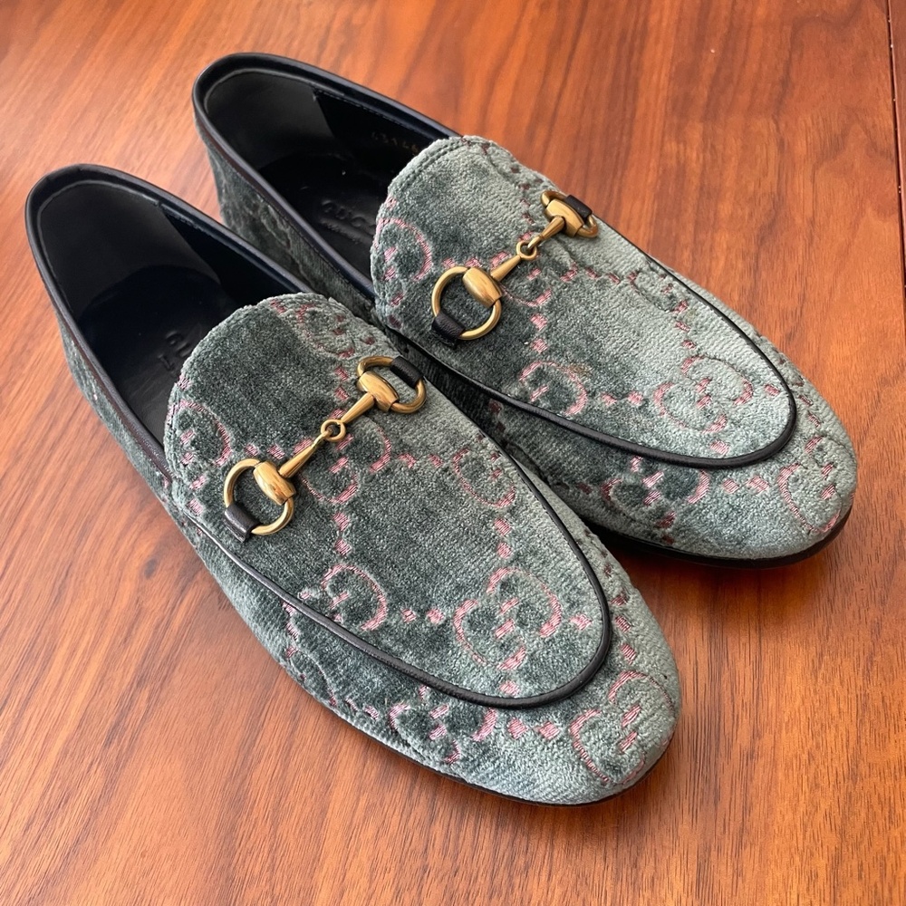 Gucci Horsebit Logo Loafers Velvet with Leather Trim Size 35 - Picture 2 of 12